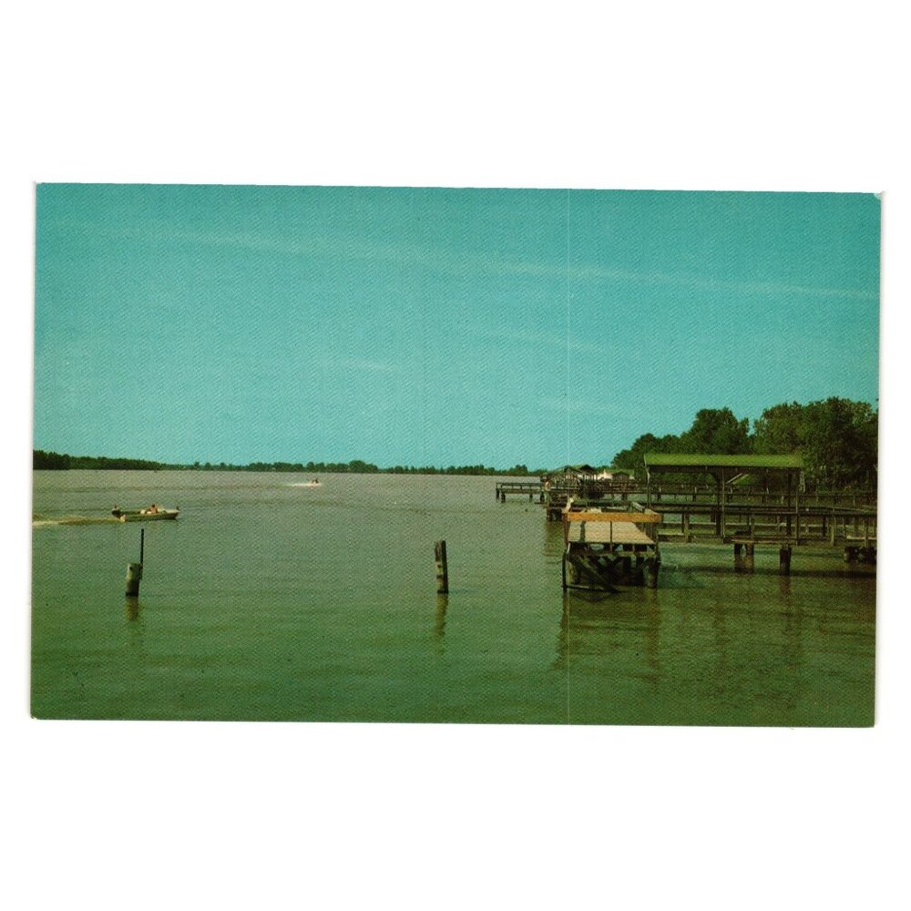 Vintage Moon Lake Mississippi River Postcard Deep South Boat Dock Fishing Boat